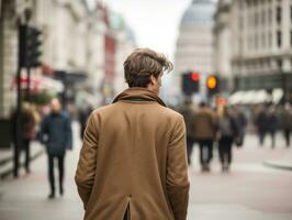 Man enjoys a leisurely stroll through the vibrant city streets AI Generative photo