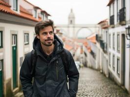 hombre disfruta un sin prisa paseo mediante el vibrante ciudad calles ai generativo foto