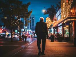 Man enjoys a leisurely stroll through the vibrant city streets AI Generative photo