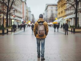 hombre disfruta un sin prisa paseo mediante el vibrante ciudad calles ai generativo foto