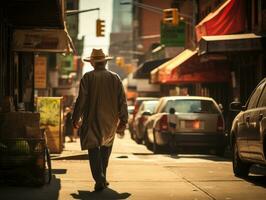 hombre disfruta un sin prisa paseo mediante el vibrante ciudad calles ai generativo foto