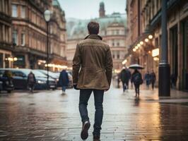 Man enjoys a leisurely stroll through the vibrant city streets AI Generative photo