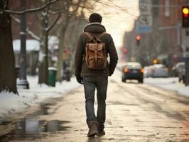 hombre disfruta un sin prisa paseo mediante el vibrante ciudad calles ai generativo foto