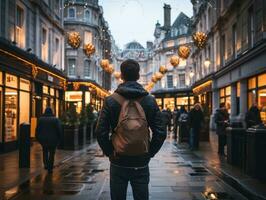 Man enjoys a leisurely stroll through the vibrant city streets AI Generative photo