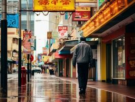hombre disfruta un sin prisa paseo mediante el vibrante ciudad calles ai generativo foto