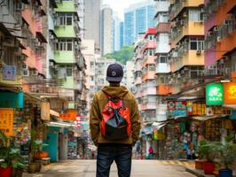 Man enjoys a leisurely stroll through the vibrant city streets AI Generative photo