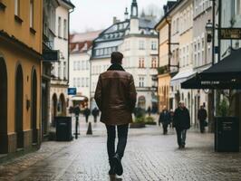 Man enjoys a leisurely stroll through the vibrant city streets AI Generative photo