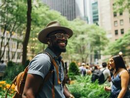 Man enjoys a leisurely stroll through the vibrant city streets AI Generative photo