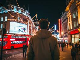 Man enjoys a leisurely stroll through the vibrant city streets AI Generative photo