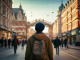 Man enjoys a leisurely stroll through the vibrant city streets AI Generative photo