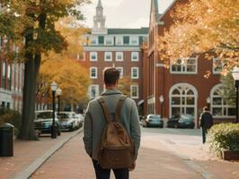 hombre disfruta un sin prisa paseo mediante el vibrante ciudad calles ai generativo foto