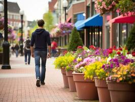 Man enjoys a leisurely stroll through the vibrant city streets AI Generative photo