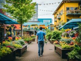 Man enjoys a leisurely stroll through the vibrant city streets AI Generative photo