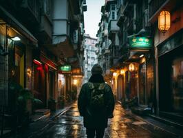 hombre disfruta un sin prisa paseo mediante el vibrante ciudad calles ai generativo foto