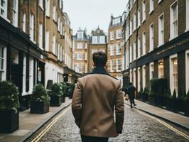 Man enjoys a leisurely stroll through the vibrant city streets AI Generative photo