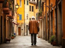 Man enjoys a leisurely stroll through the vibrant city streets AI Generative photo