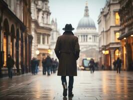 Man enjoys a leisurely stroll through the vibrant city streets AI Generative photo