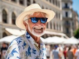 Man enjoys a leisurely stroll through the vibrant city streets AI Generative photo