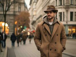 hombre disfruta un sin prisa paseo mediante el vibrante ciudad calles ai generativo foto