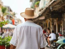 Man enjoys a leisurely stroll through the vibrant city streets AI Generative photo