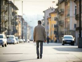 Man enjoys a leisurely stroll through the vibrant city streets AI Generative photo