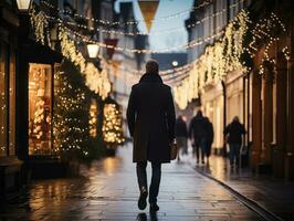 Man enjoys a leisurely stroll through the vibrant city streets AI Generative photo