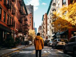 hombre disfruta un sin prisa paseo mediante el vibrante ciudad calles ai generativo foto