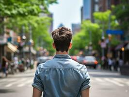 Man enjoys a leisurely stroll through the vibrant city streets AI Generative photo