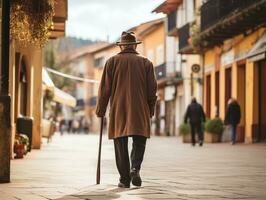 hombre disfruta un sin prisa paseo mediante el vibrante ciudad calles ai generativo foto