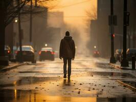 Man enjoys a leisurely stroll through the vibrant city streets AI Generative photo