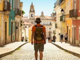 hombre disfruta un sin prisa paseo mediante el vibrante ciudad calles ai generativo foto