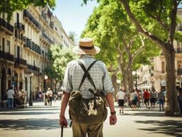 Man enjoys a leisurely stroll through the vibrant city streets AI Generative photo