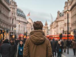 Man enjoys a leisurely stroll through the vibrant city streets AI Generative photo