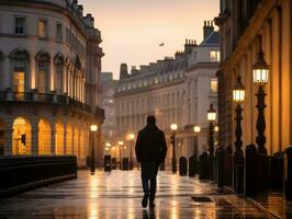 hombre disfruta un sin prisa paseo mediante el vibrante ciudad calles ai generativo foto