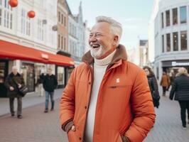 Man enjoys a leisurely stroll through the vibrant city streets AI Generative photo