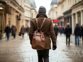 Man enjoys a leisurely stroll through the vibrant city streets AI Generative photo