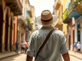 hombre disfruta un sin prisa paseo mediante el vibrante ciudad calles ai generativo foto