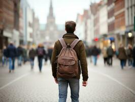 hombre disfruta un sin prisa paseo mediante el vibrante ciudad calles ai generativo foto