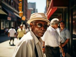 Man enjoys a leisurely stroll through the vibrant city streets AI Generative photo