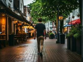 hombre disfruta un sin prisa paseo mediante el vibrante ciudad calles ai generativo foto