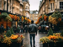 Man enjoys a leisurely stroll through the vibrant city streets AI Generative photo