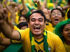 brasileño hombre celebra su fútbol equipos victoria ai generativo foto