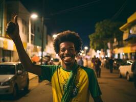 brasileño hombre celebra su fútbol equipos victoria ai generativo foto