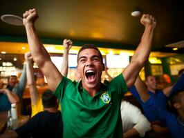 brasileño hombre celebra su fútbol equipos victoria ai generativo foto