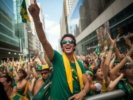 brasileño hombre celebra su fútbol equipos victoria ai generativo foto