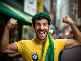 brasileño hombre celebra su fútbol equipos victoria ai generativo foto