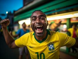 brasileño hombre celebra su fútbol equipos victoria ai generativo foto