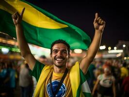 brasileño hombre celebra su fútbol equipos victoria ai generativo foto