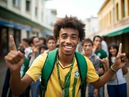 brasileño hombre celebra su fútbol equipos victoria ai generativo foto