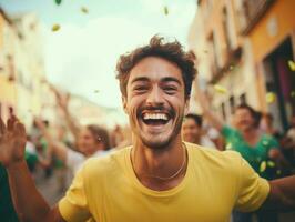 brasileño hombre celebra su fútbol equipos victoria ai generativo foto